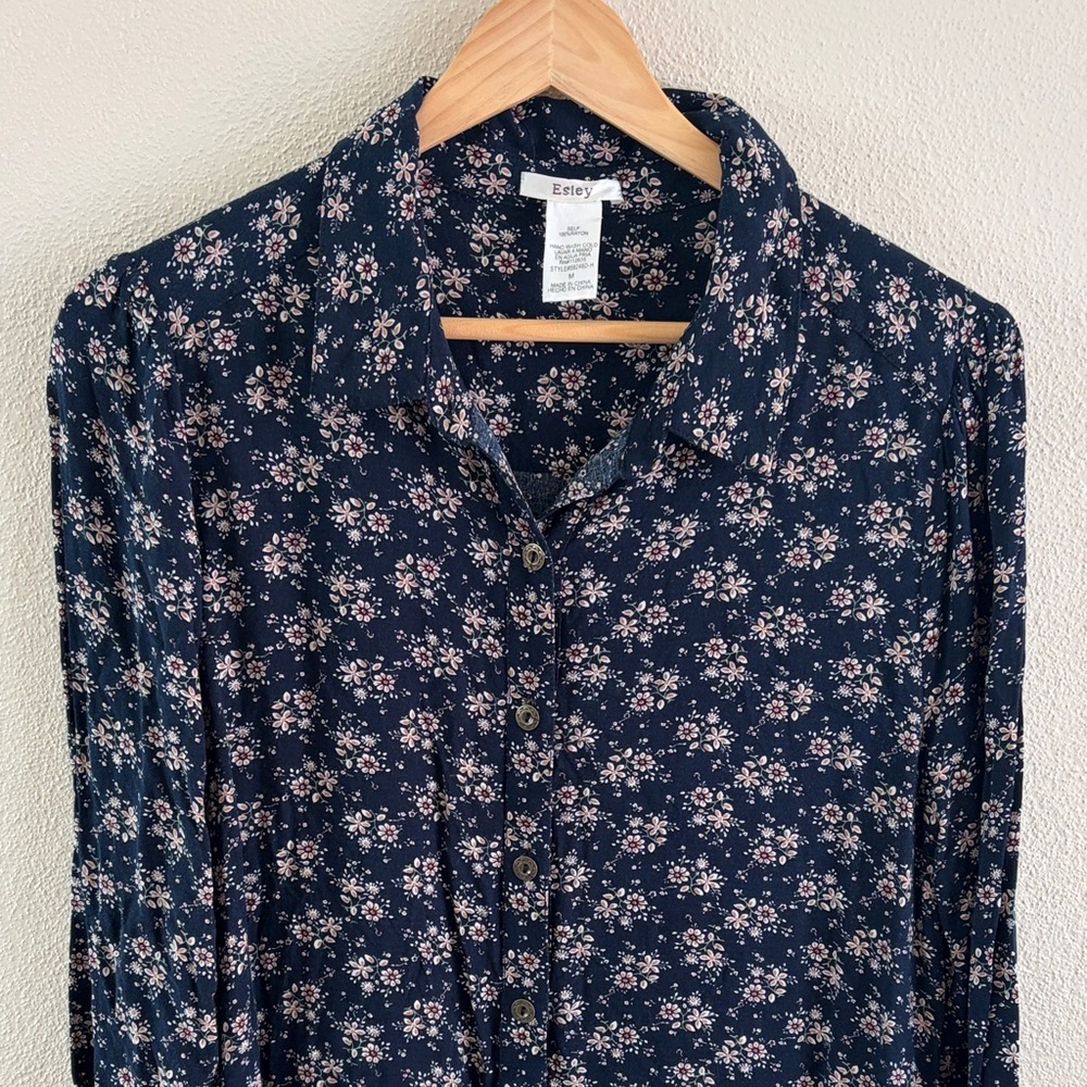 Esley floral button down long blouse/dress | navy | size medium